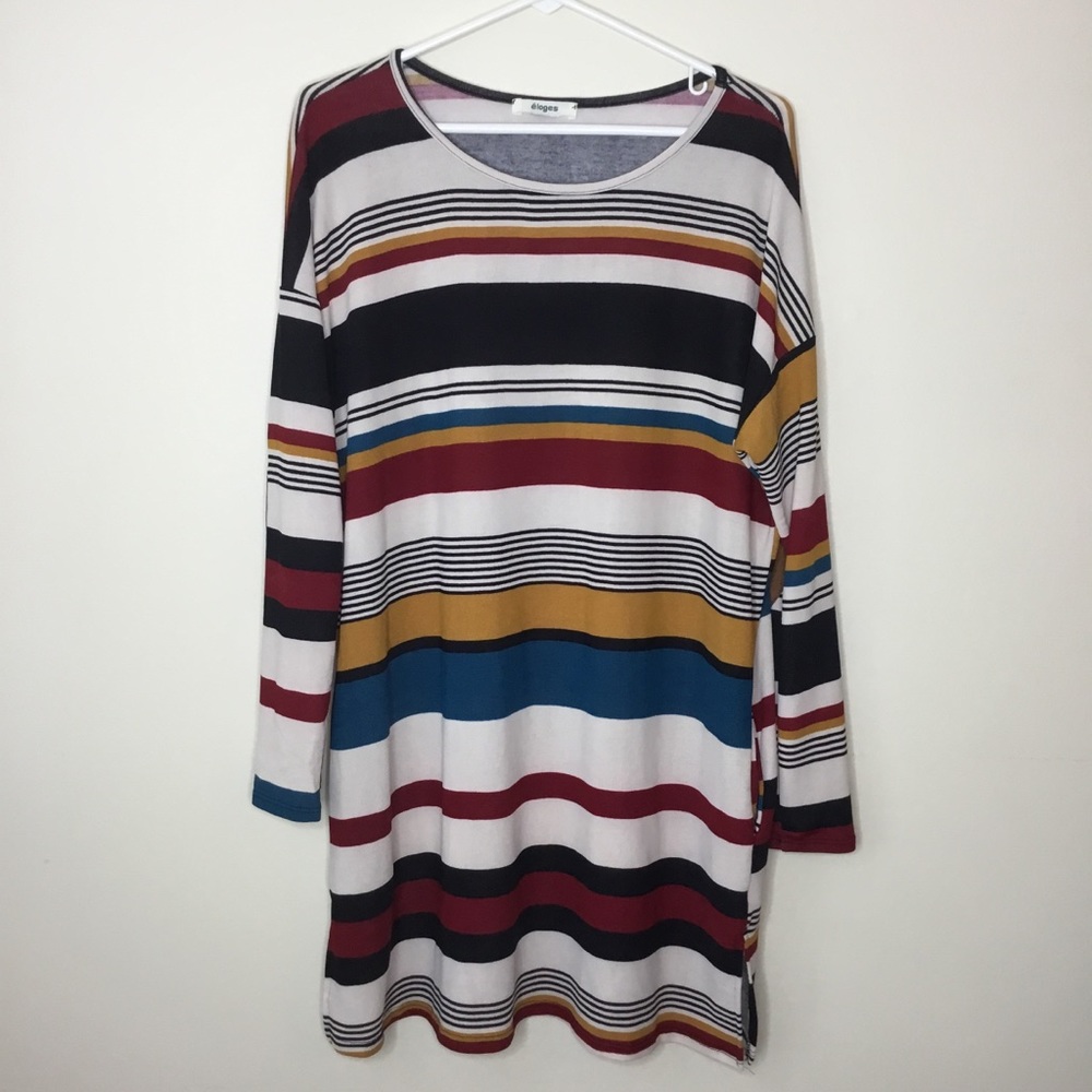 Eloges Striped Tunic Dress Pocketed Patch Elbow L